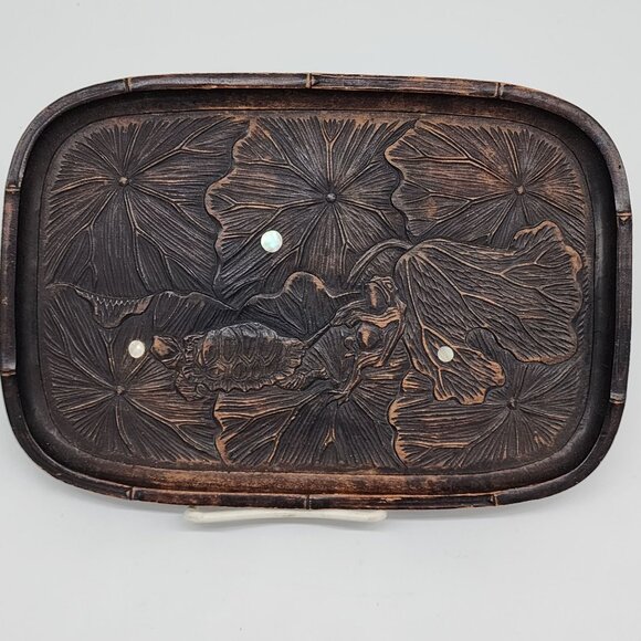 Chinese Carved Wooden Tray Lotus Leaves Frog Pulling Turtle Leg VTG Inlay - Picture 2 of 9
